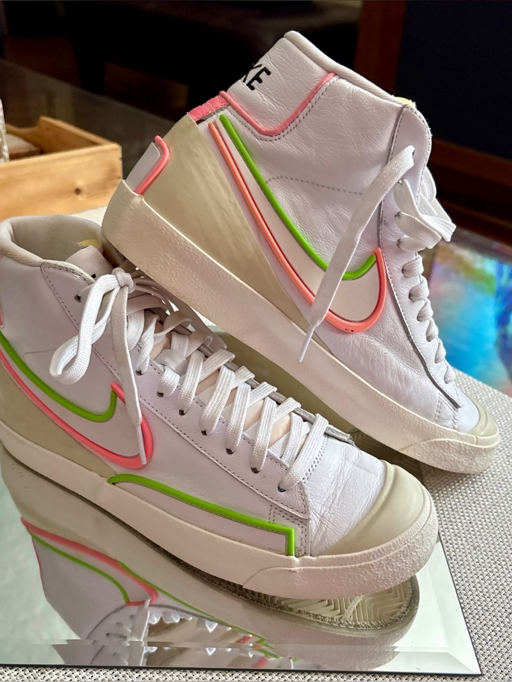 Nike Women's BLAXER MID 77White High-Top Sneakers with Pink & Lime Trim,SZ..40EU